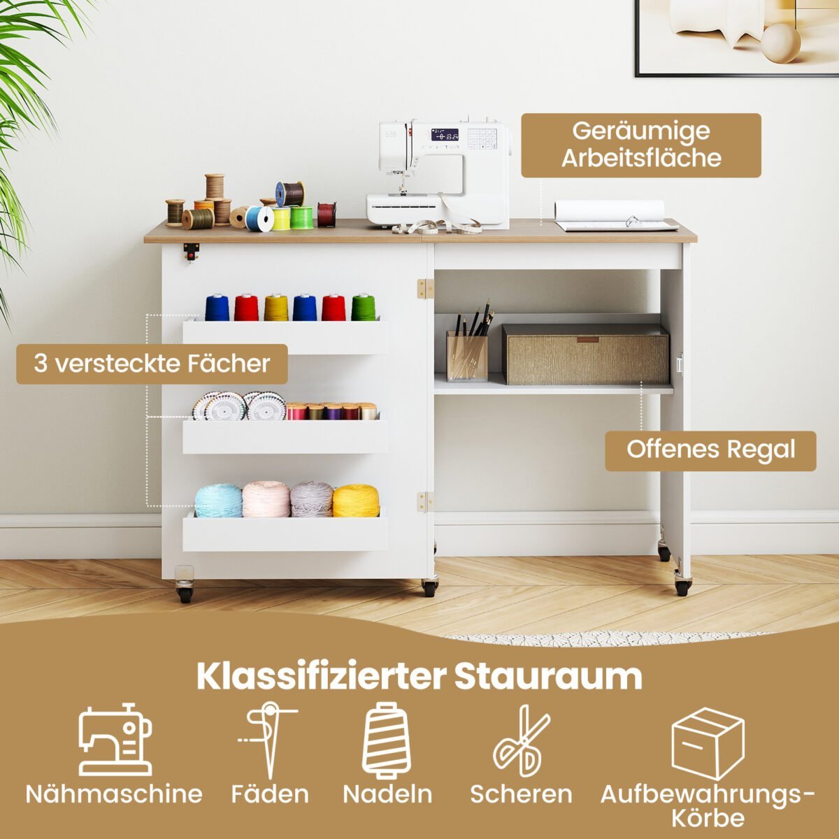 Sulankstomas siuvimo stalas su ratukais ir integruotomis daiktadėžėmis (Balta) – Paveikslėlis 5