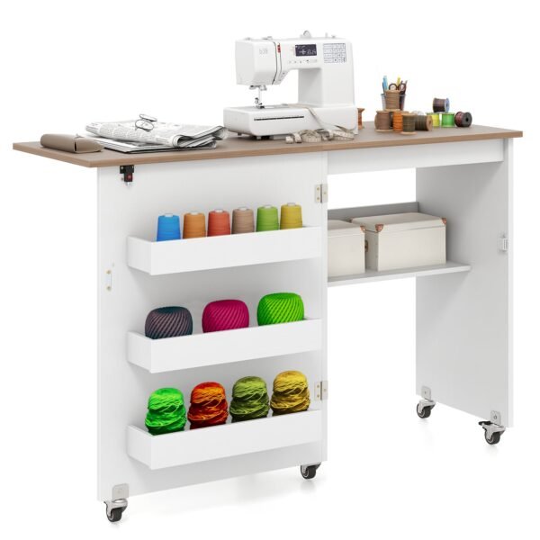 Sulankstomas siuvimo stalas su ratukais ir integruotomis daiktadėžėmis (Balta)