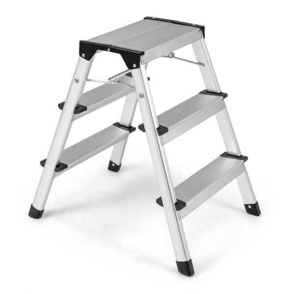 Sulankstomos aliuminio 3 pakopų kopėčios su neslystančiais laipteliais (Sidabrinė)
