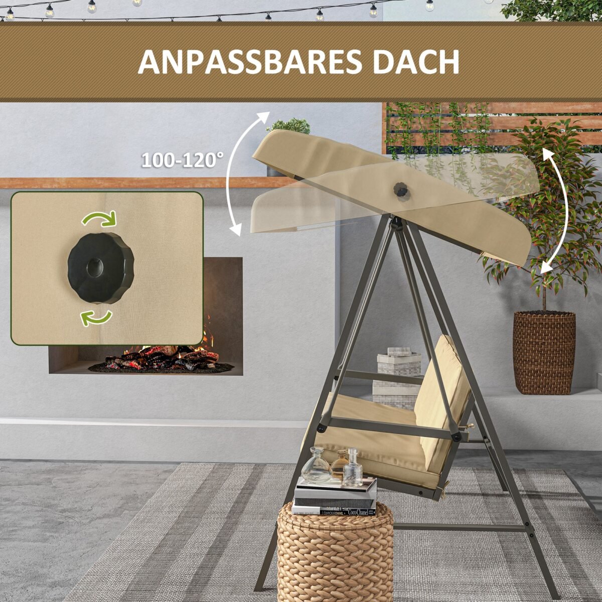 Trivietis sodo sūpynių suolas su reguliuojamu stogeliu – Paveikslėlis 6