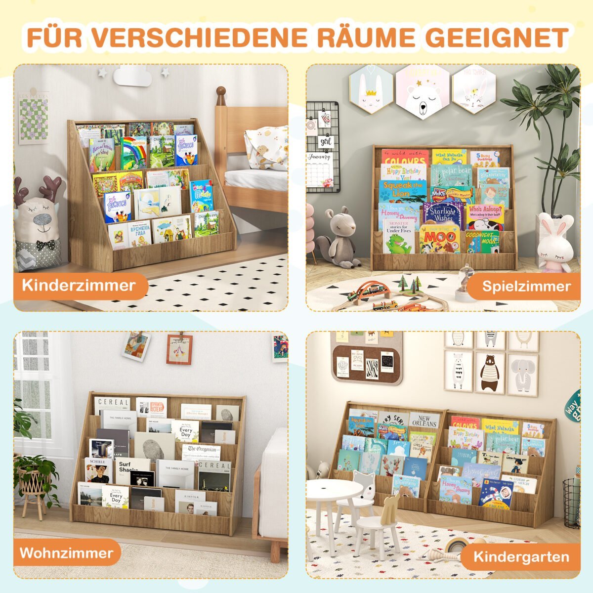 Vaikiška knygų lentyna su 5 skyriais ir priekine ekspozicija (Natūrali) – Paveikslėlis 3