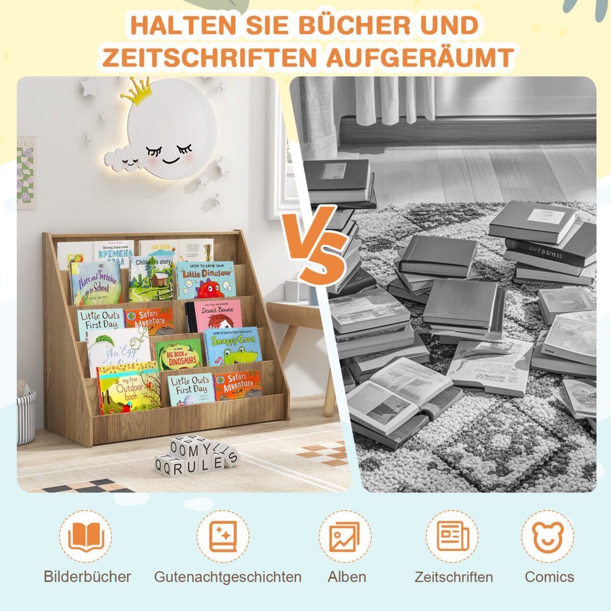 Vaikiška knygų lentyna su 5 skyriais ir priekine ekspozicija (Natūrali) – Paveikslėlis 5