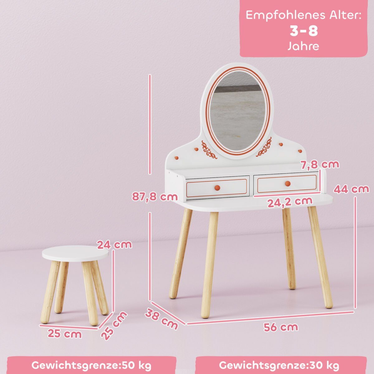 Vaikiškas tualetinis staliukas su kėdute, veidrodžiu, stalčiais ir drabužių kabyklomis – Paveikslėlis 3