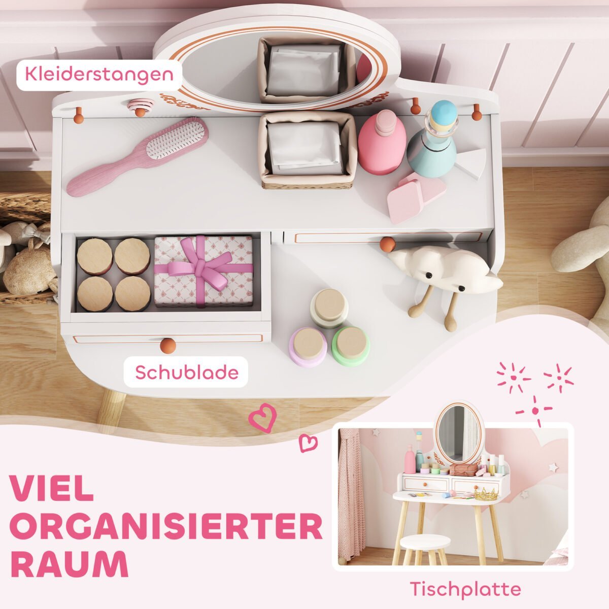 Vaikiškas tualetinis staliukas su kėdute, veidrodžiu, stalčiais ir drabužių kabyklomis – Paveikslėlis 5