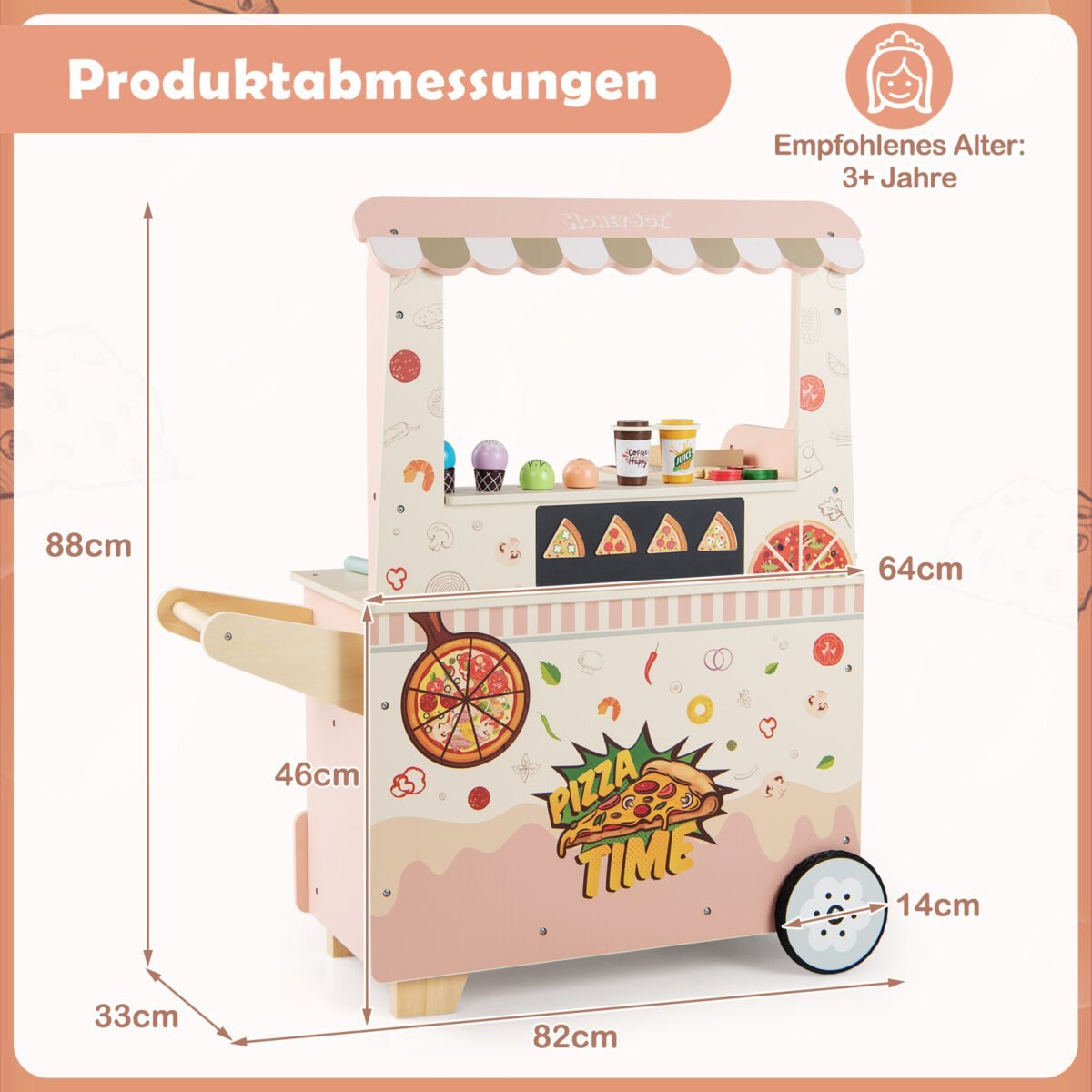 Vaikų medinis žaidimų maisto vagonėlis su picos krosnele (Rožinė) – Paveikslėlis 2