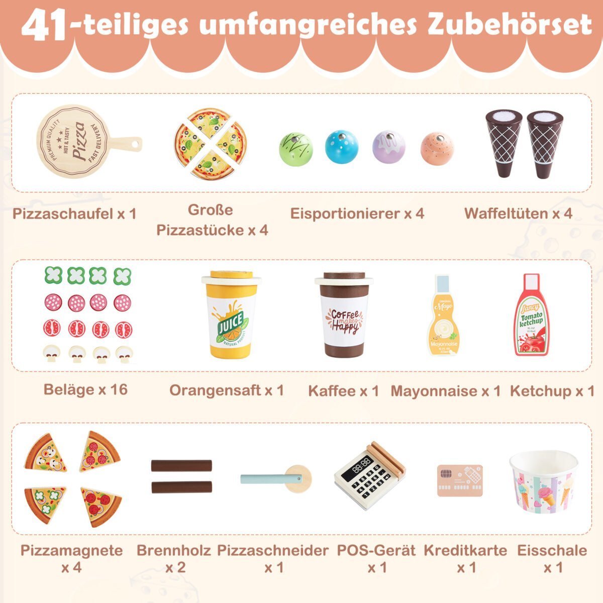 Vaikų medinis žaidimų maisto vagonėlis su picos krosnele (Rožinė) – Paveikslėlis 5