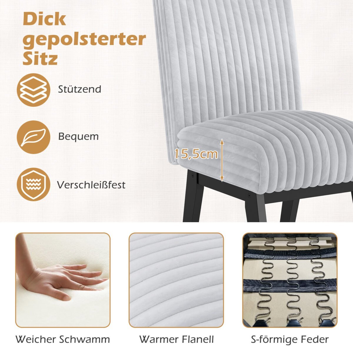 Valgomojo kėdės su paminkštinta sėdyne ir guminės medienos kojomis 2 vnt. (Pilka) – Paveikslėlis 4