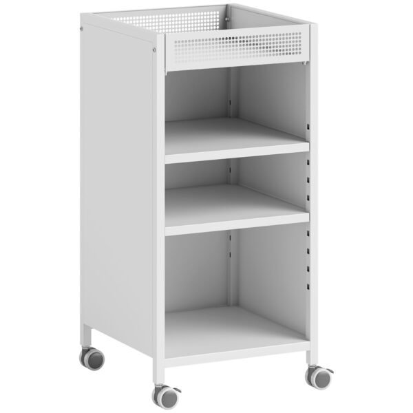 Vežimėlis-lentyna su reguliuojamomis lentynomis ir viršutiniu krepšiu