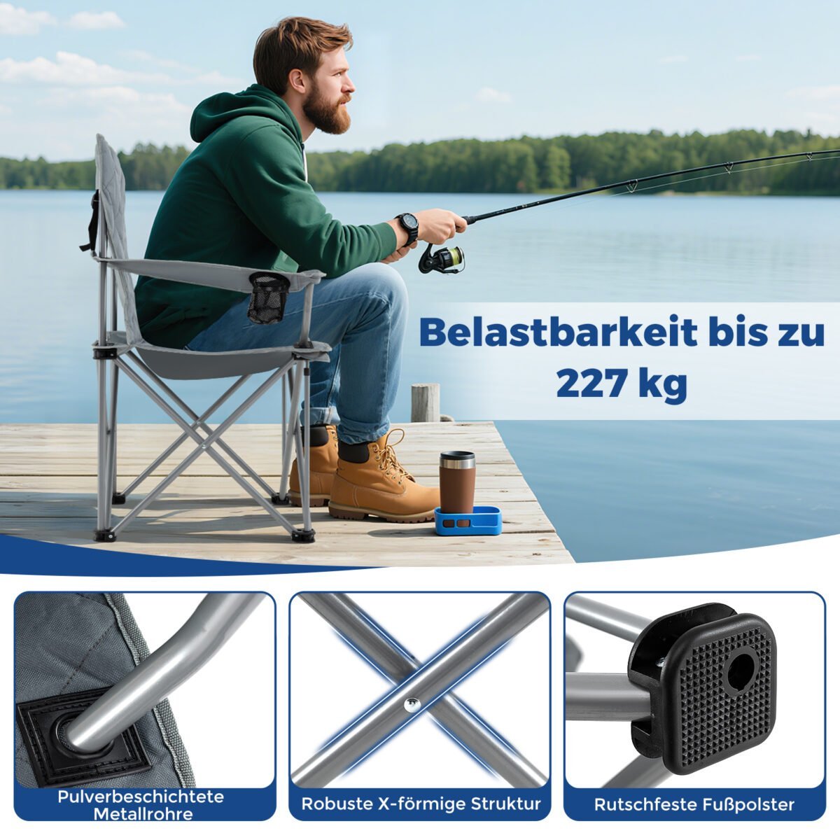 Ypač tvirta sulankstoma kempingo kėdė su aušintuvu ir gėrimų laikikliu (Pilka) – Paveikslėlis 3