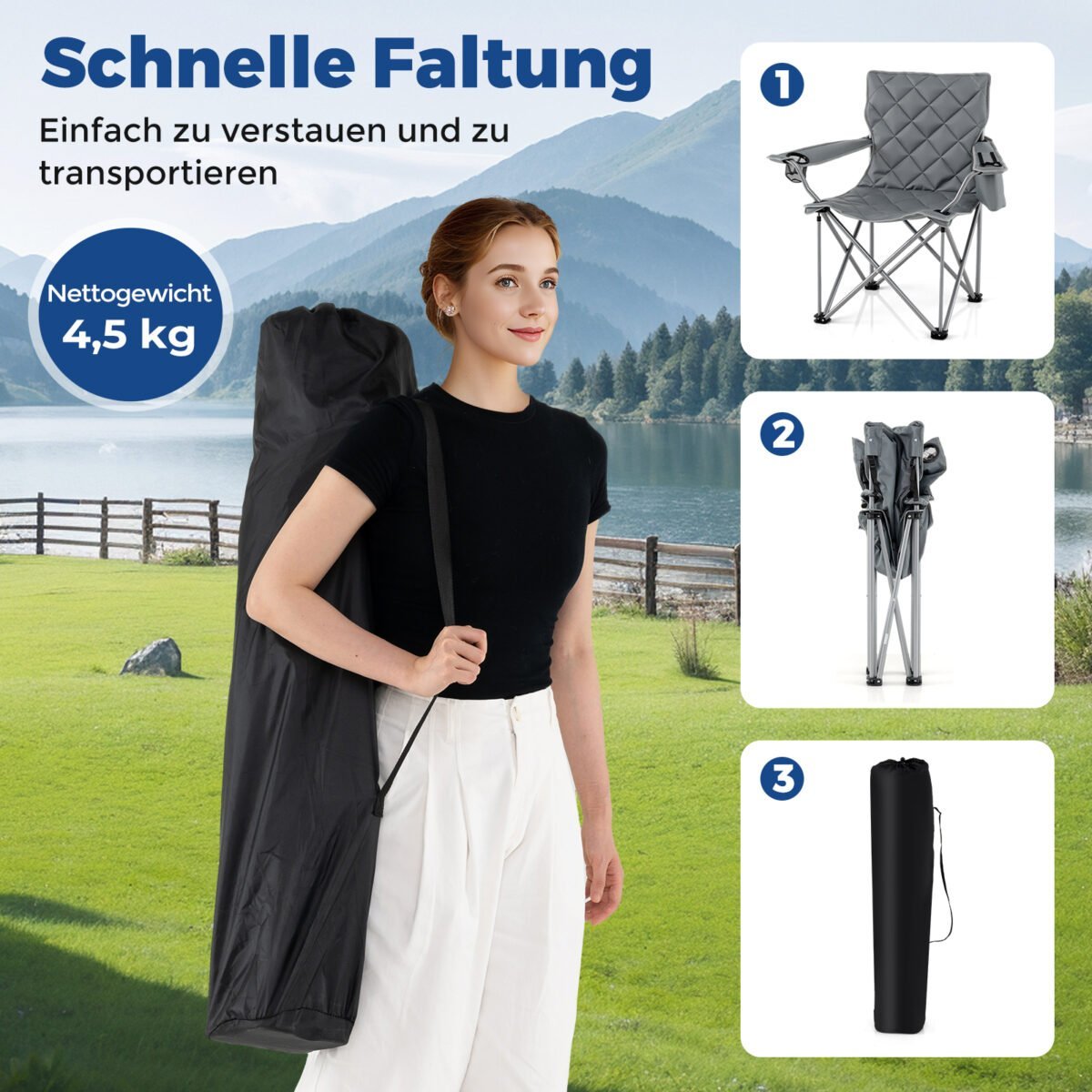 Ypač tvirta sulankstoma kempingo kėdė su aušintuvu ir gėrimų laikikliu (Pilka) – Paveikslėlis 4