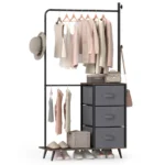 Dviguba drabužių kabykla su lentynomis ir medžiaginiais stalčiais (Rustikinė ruda)