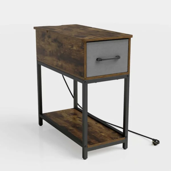 Dvigubas siauras šoninis staliukas su LED apšvietimu ir integruota įkrovimo stotele 2 vnt (Rūdžių ruda)