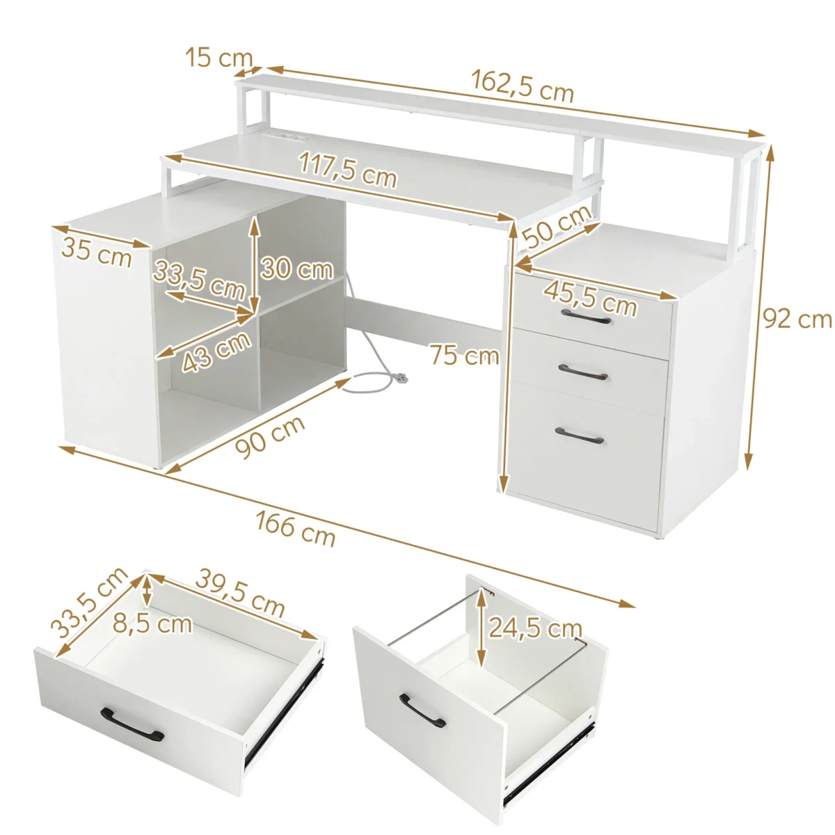 L formos kompiuterinis stalas su įkrovimo stotele (Balta) – Paveikslėlis 4