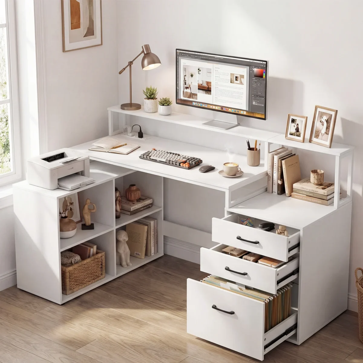 L formos kompiuterinis stalas su įkrovimo stotele (Balta) – Paveikslėlis 2