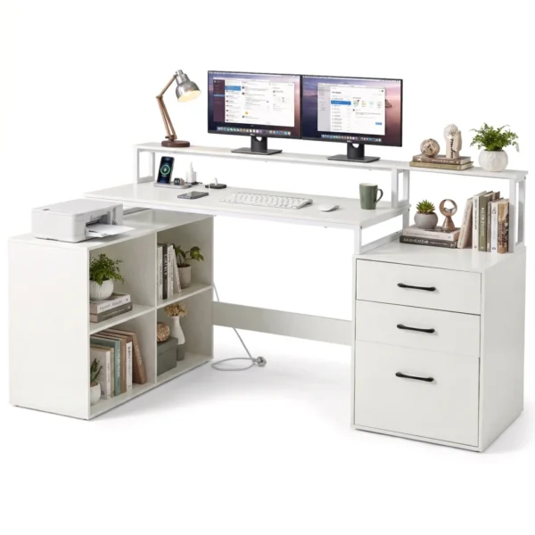 L formos kompiuterinis stalas su įkrovimo stotele (Balta)