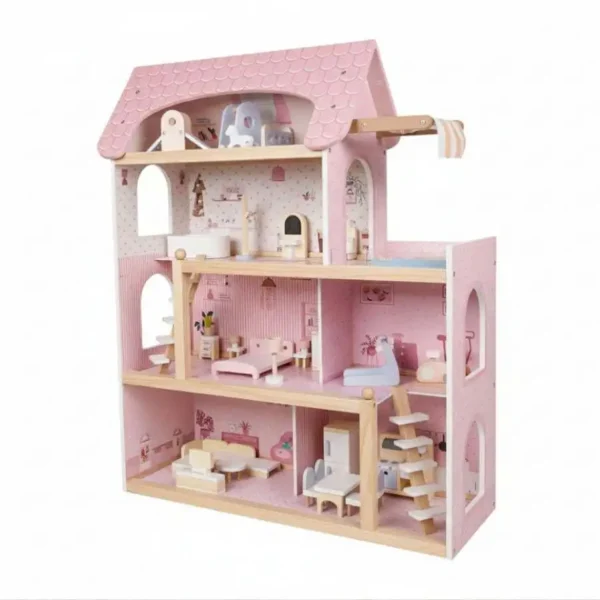 Medinis lėlių namelis su balkonu baseinu ir 33 baldais (Rožinė)