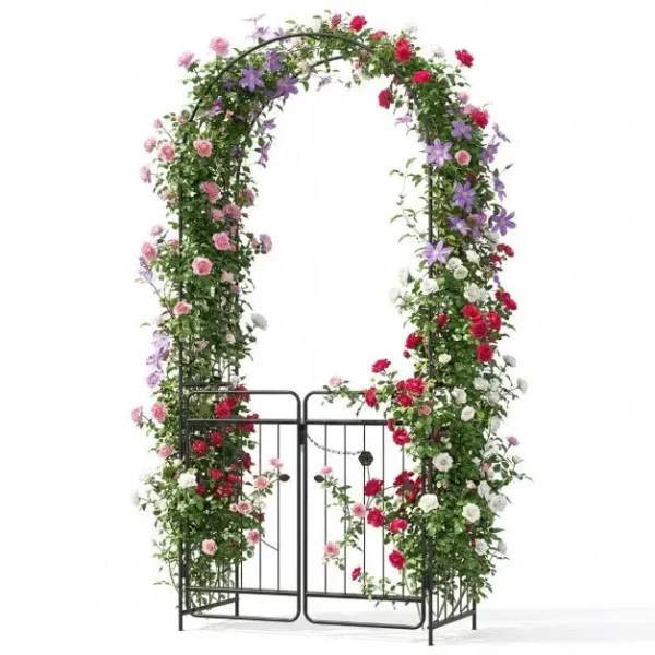Metalinis sodo arkos stovas su rakinamais varteliais ir atramomis augalams (Juoda)