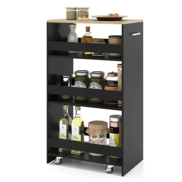 Siauras 4 aukštų vežimėlis su rankena ir apsauginiais kraštais (Juoda)