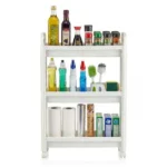 Siauras virtuvės vežimėlis su 3 lentynomis ir ratukais (Balta)