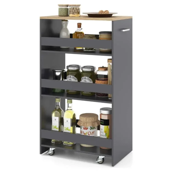 Siauras keturių aukštų virtuvės vežimėlis su rankena ir apsauginėmis juostomis (Pilka)