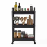 Siauras mobilus vežimėlis su ratukais ir trimis lentynomis (Juoda)