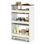 Siauras virtuvinis vežimėlis su rankena ir apsauginiais kraštais keturių lentynų (Balta)