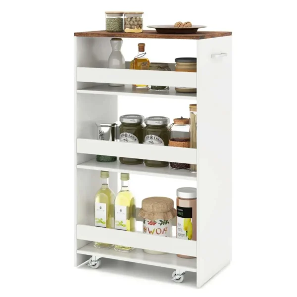 Siauras virtuvinis vežimėlis su rankena ir apsauginiais kraštais keturių lentynų (Balta)