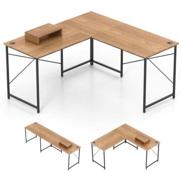 Transformuojamas kampinis L formos stalas su monitoriaus stovu (Natūrali)