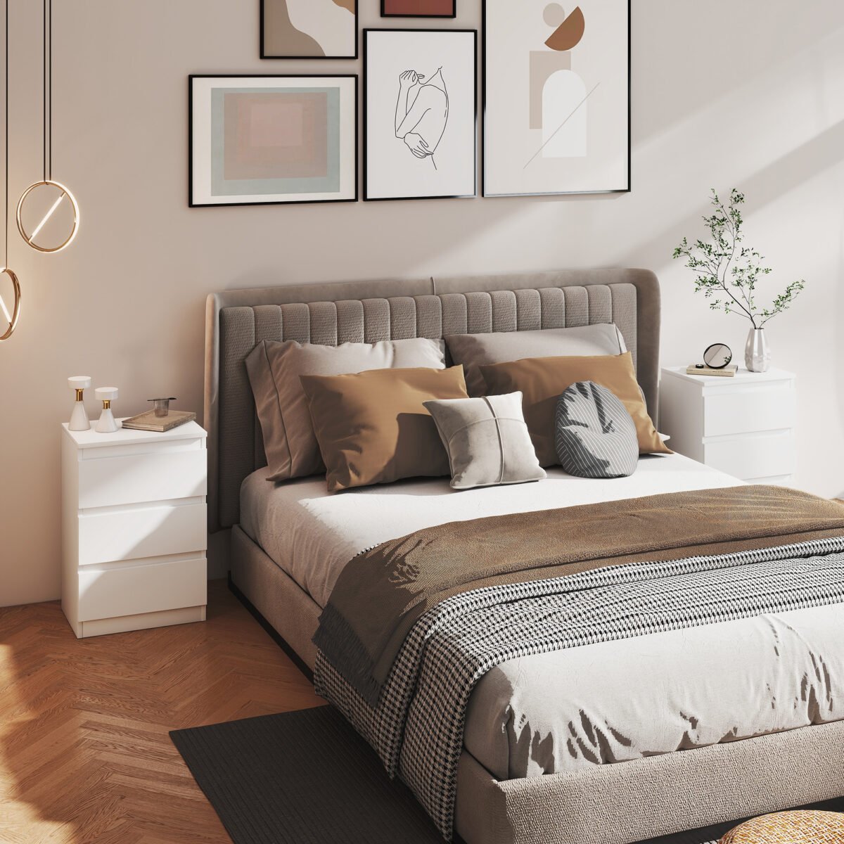 Minimalistinio dizaino naktinių staliukų komplektas (2 vnt.) su 3 stalčiais – Paveikslėlis 2