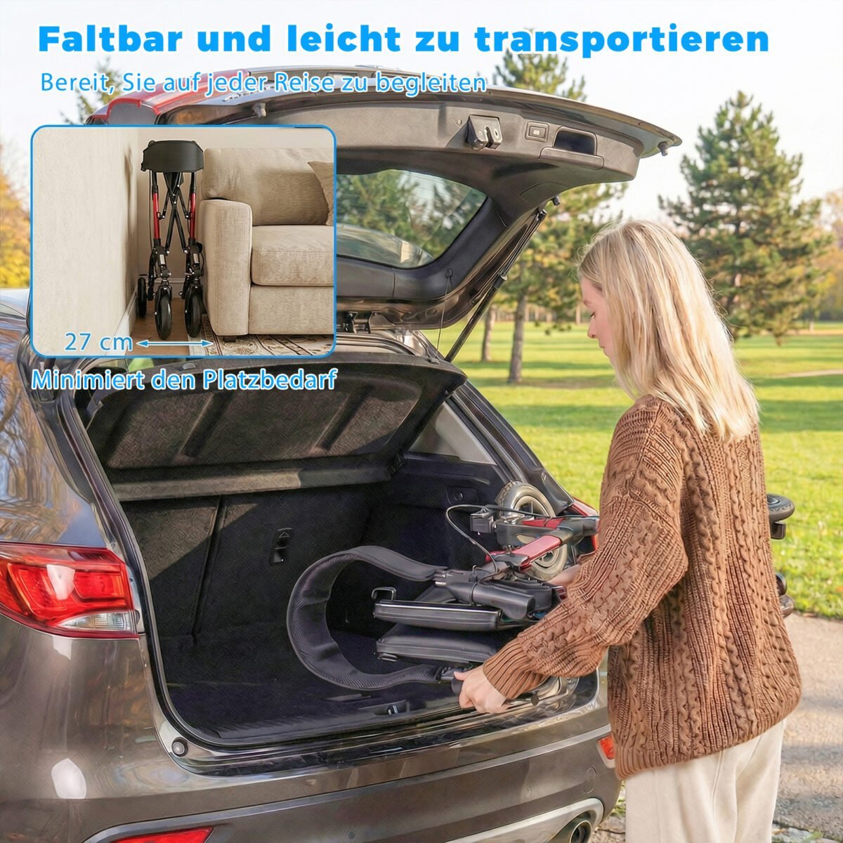 Sulankstoma vaikštynė-vežimėlis senjorams su sėdyne (Raudona) – Paveikslėlis 3