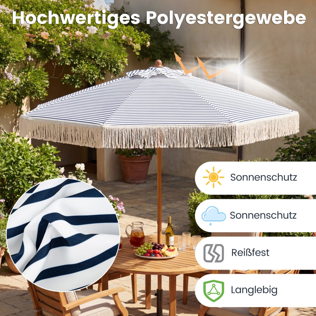 2 metrų skersmens lauko skėtis su kutais (Mėlyna)