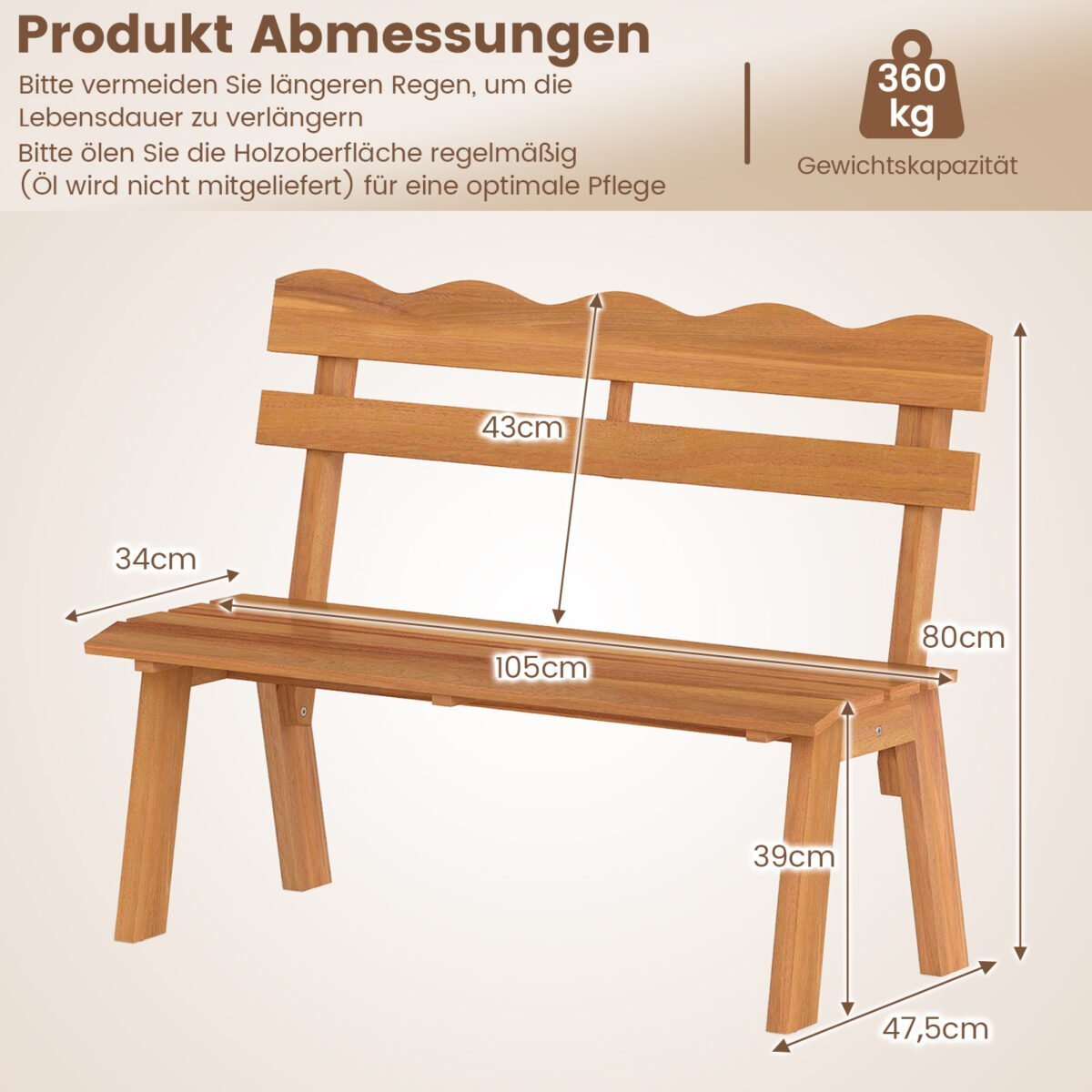 2 vietų akacijos medienos sodo suoliukas iki 360 kg apkrova (Natūrali) – Paveikslėlis 2