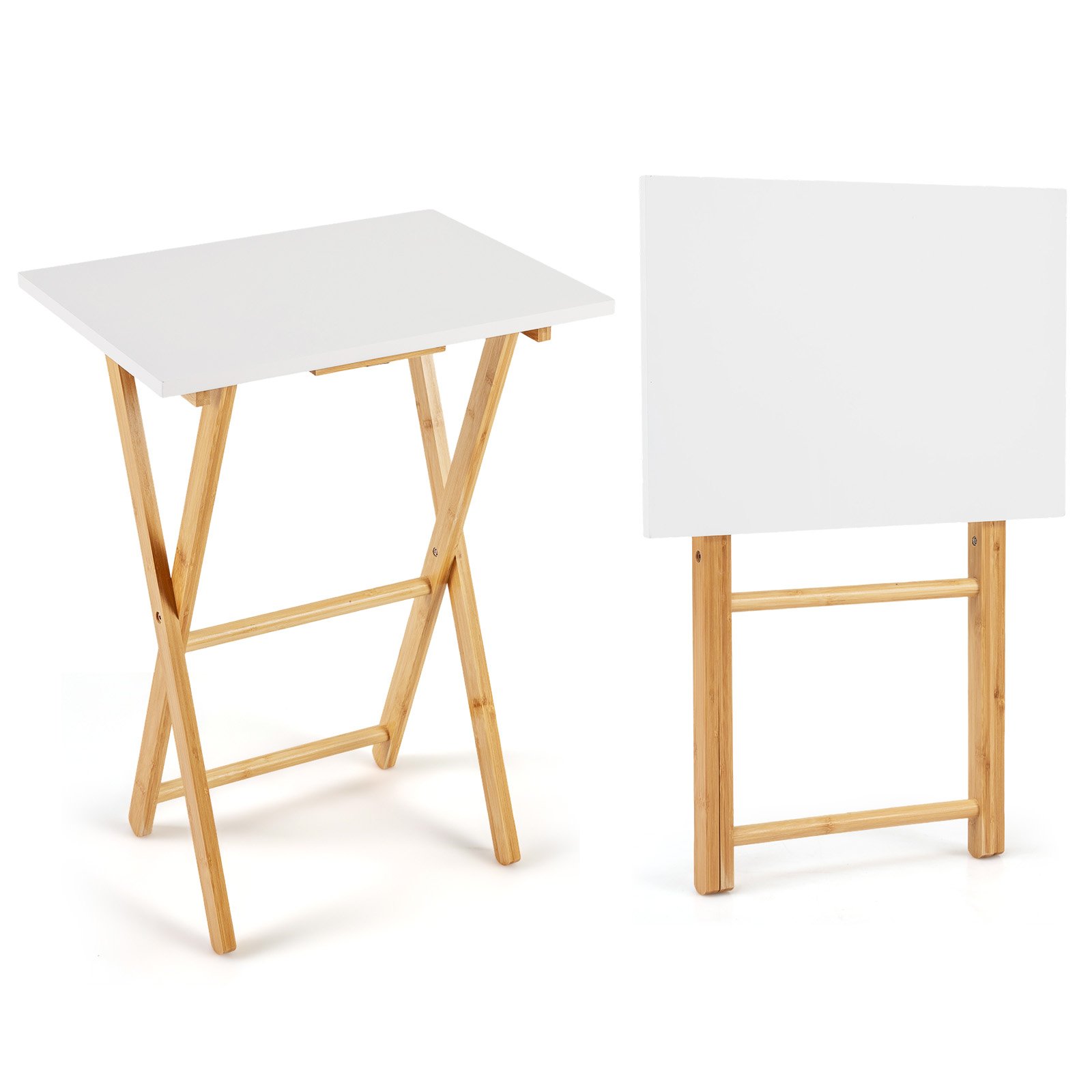 2 vnt. Nešiojami Sulankstomi Bambuko Staliukai (Natūrali + Balta)
