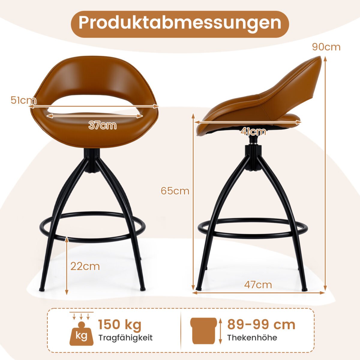 Paminkštintų baro kėdžių rinkinys su pasukama sėdyne ir atrama nugarai 2 vnt. (Ruda) – Paveikslėlis 2