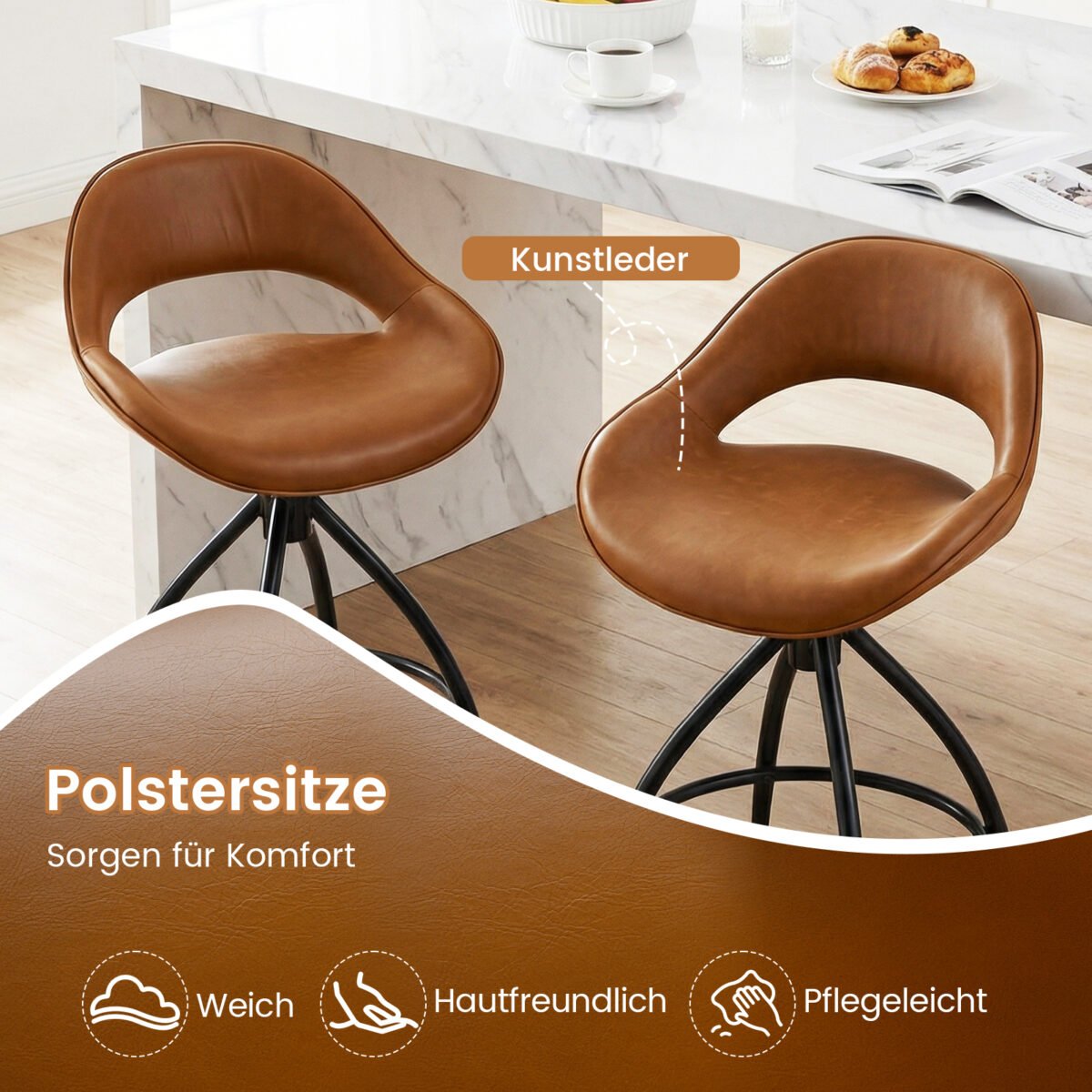 Paminkštintų baro kėdžių rinkinys su pasukama sėdyne ir atrama nugarai 2 vnt. (Ruda) – Paveikslėlis 4