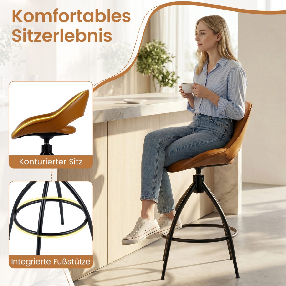 Paminkštintų baro kėdžių rinkinys su pasukama sėdyne ir atrama nugarai 2 vnt. (Ruda) – Paveikslėlis 5