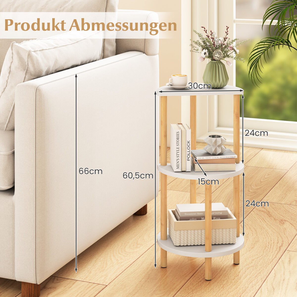 Apvalūs 3 aukštų bambuko šoniniai staliukai (Natūrali + Balta) – Paveikslėlis 3