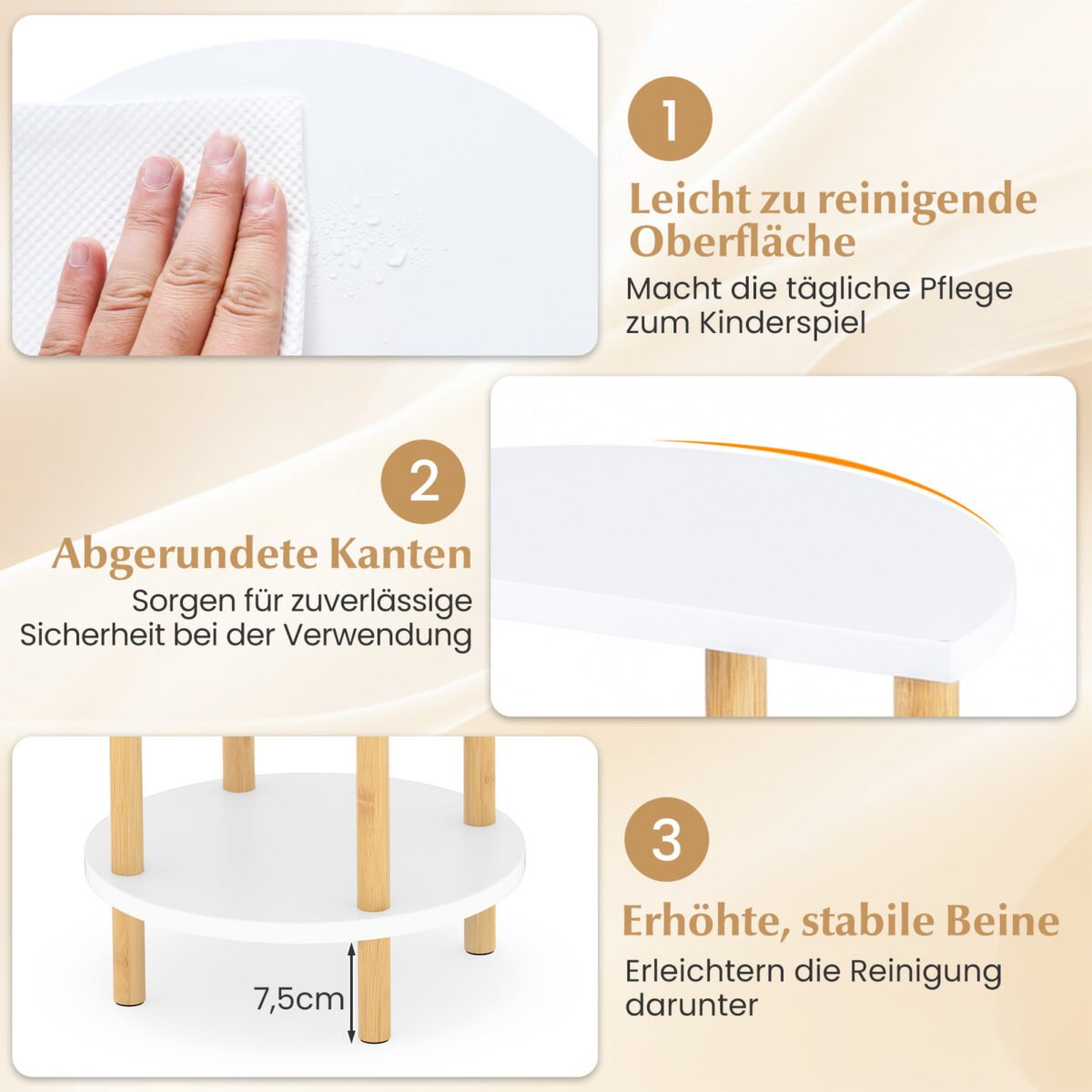 Apvalūs 3 aukštų bambuko šoniniai staliukai (Natūrali + Balta) – Paveikslėlis 4