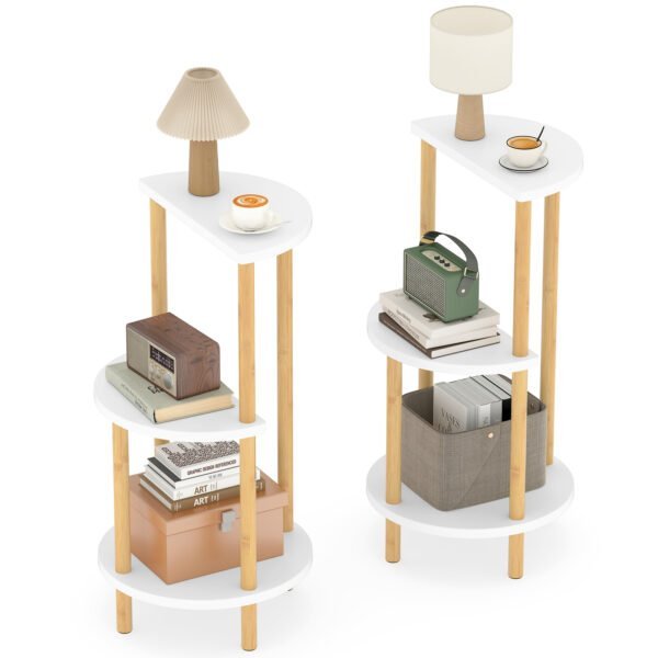 2 vnt. rinkinys: Apvalūs 3 aukštų bambuko šoniniai staliukai (Natūrali + Balta)