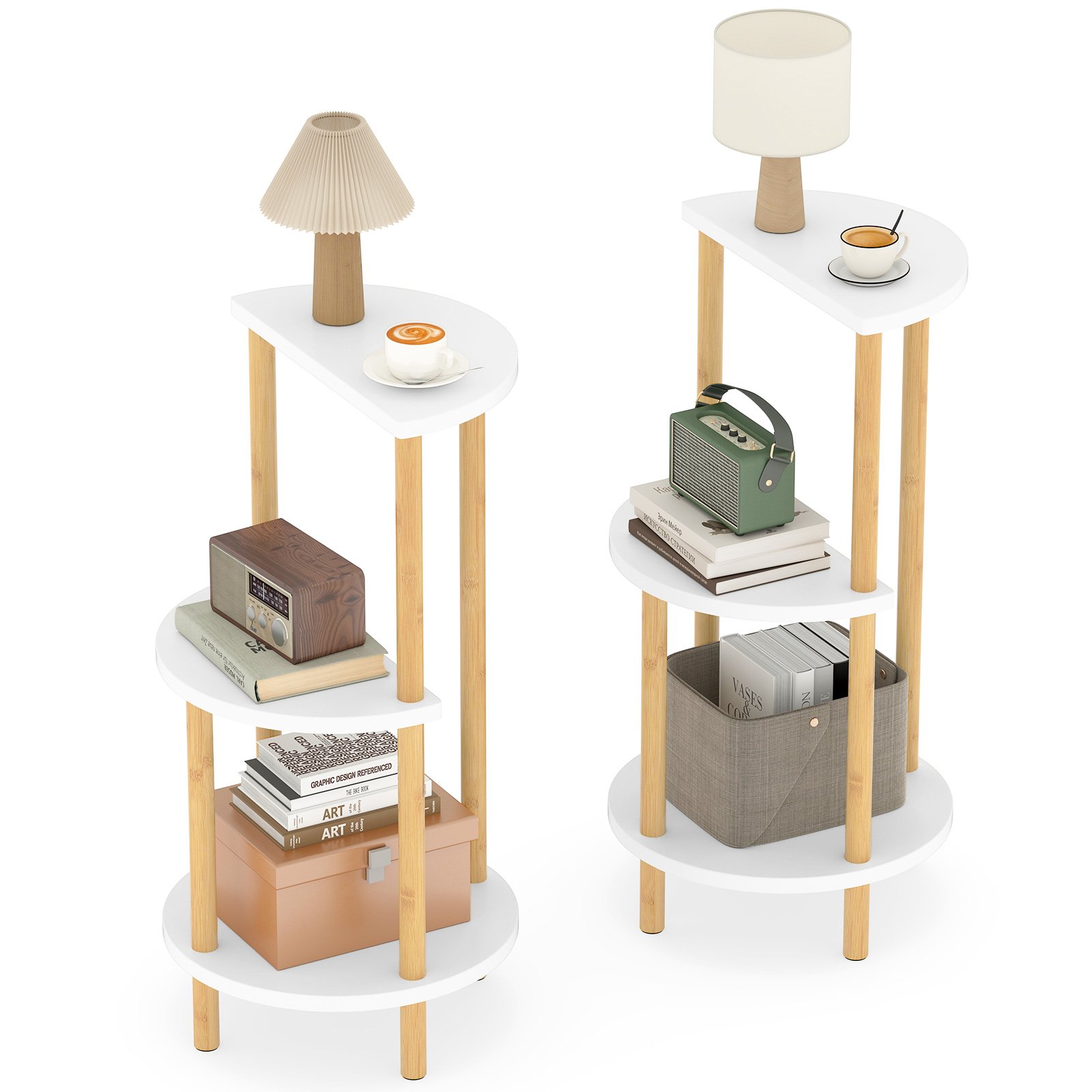 2 vnt. rinkinys: Apvalūs 3 aukštų bambuko šoniniai staliukai (Natūrali + Balta)
