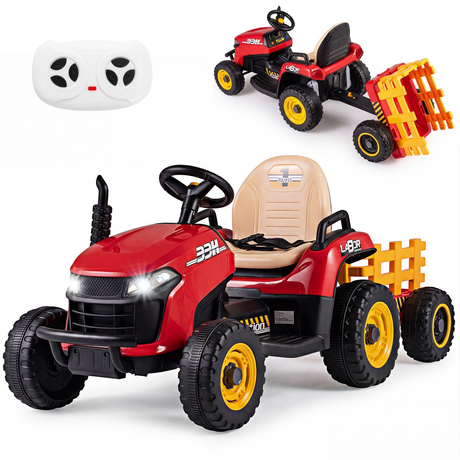 24V Elektrinis Traktorius Vaikams su Priekaba ir 2.4G nuotolinio valdymo pulteliu (Raudona)
