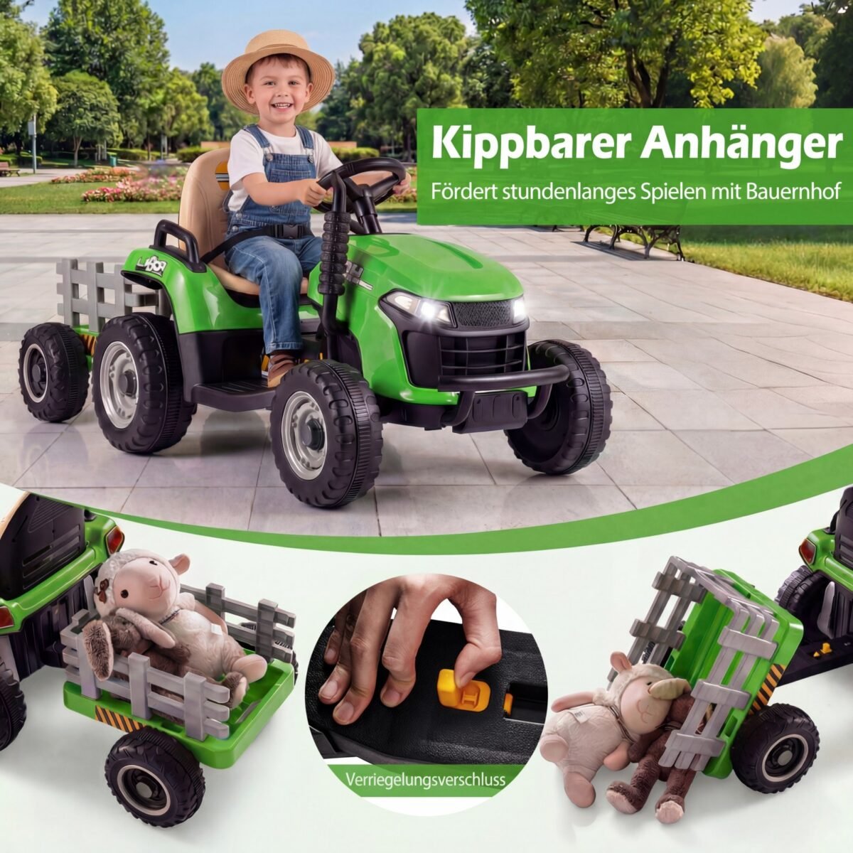 Elektrinis traktorius vaikams su priekaba ir nuotolinio valdymo pultu 24V (Žalia) – Paveikslėlis 4