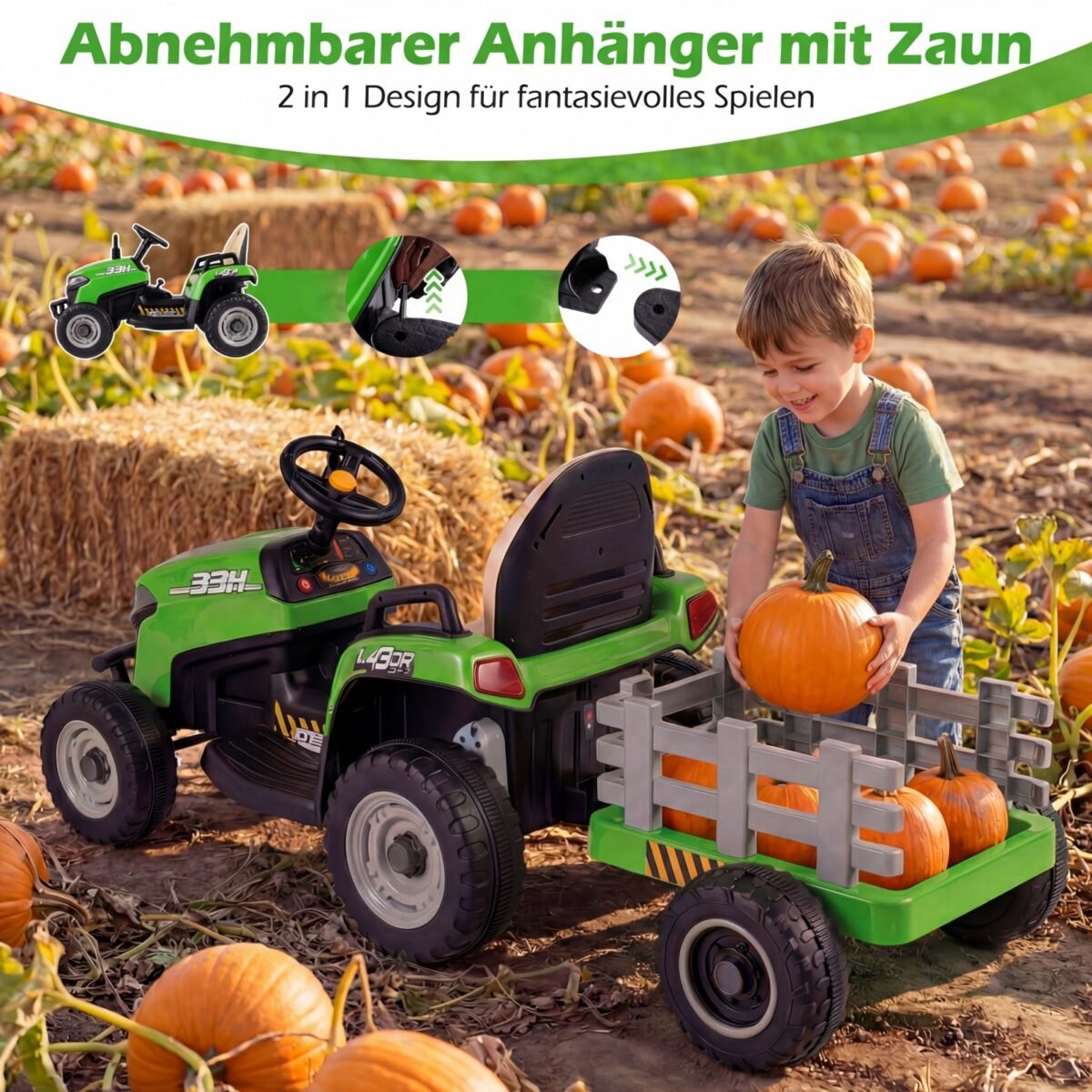 Elektrinis traktorius vaikams su priekaba ir nuotolinio valdymo pultu 24V (Žalia) – Paveikslėlis 5