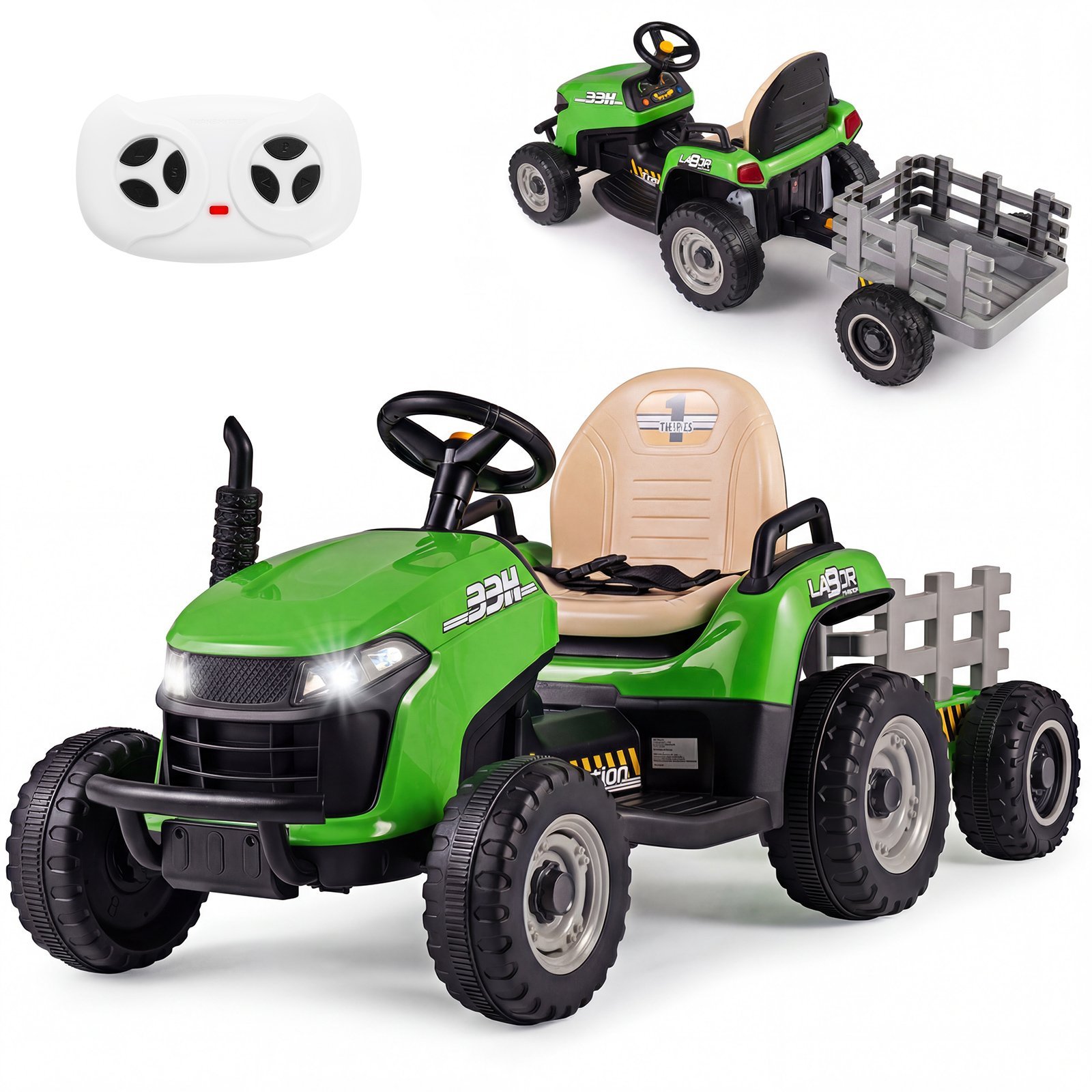24V elektrinis traktorius vaikams su priekaba ir nuotolinio valdymo pultu (Žalia)