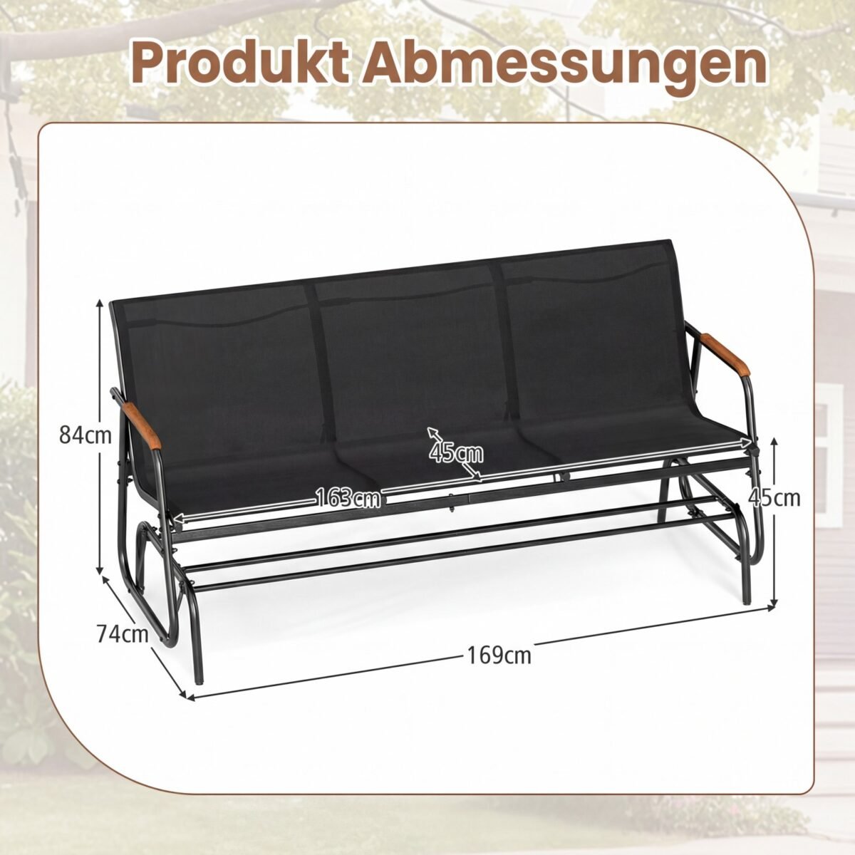 3 asmenų supamas lauko suoliukas su tikmedžio porankiais (Juoda) – Paveikslėlis 2