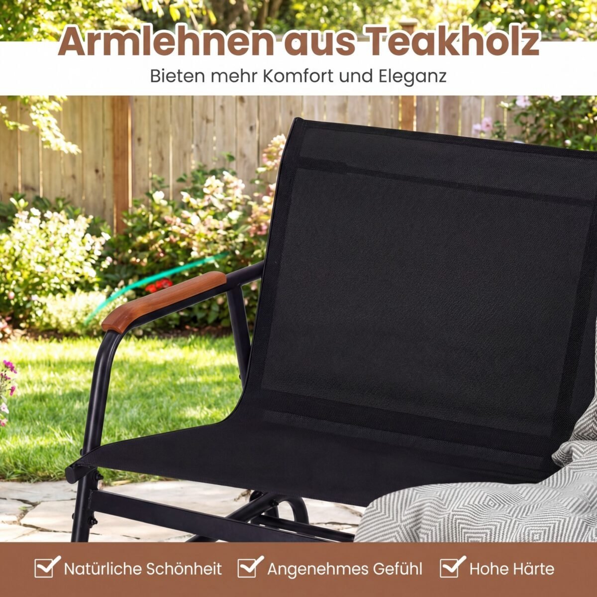 3 asmenų supamas lauko suoliukas su tikmedžio porankiais (Juoda) – Paveikslėlis 3