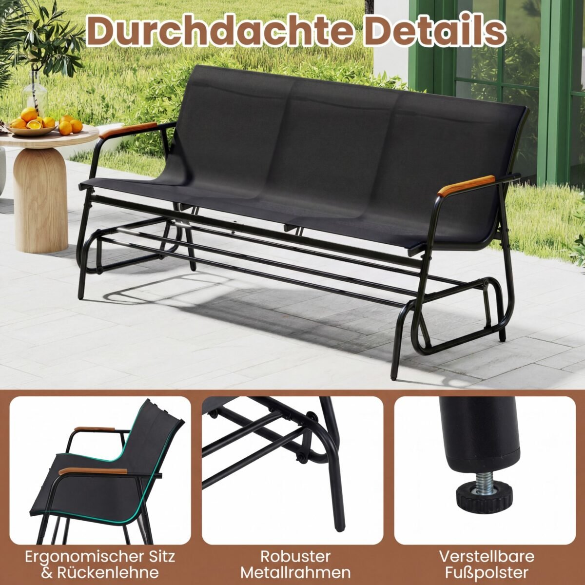 3 asmenų supamas lauko suoliukas su tikmedžio porankiais (Juoda) – Paveikslėlis 4