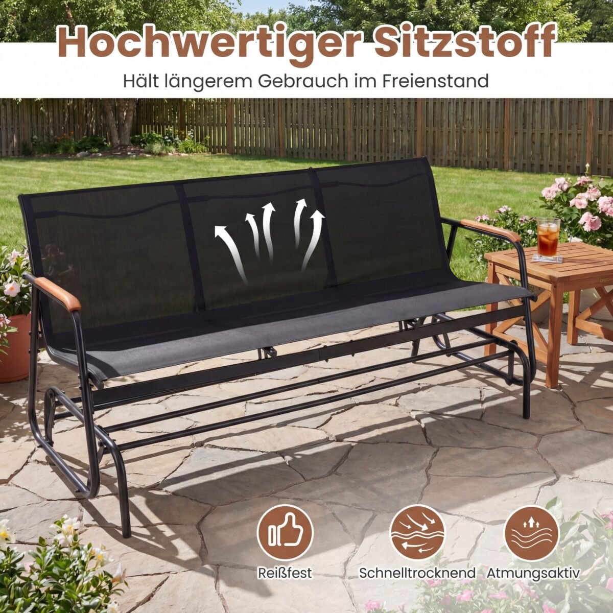 3 asmenų supamas lauko suoliukas su tikmedžio porankiais (Juoda) – Paveikslėlis 5