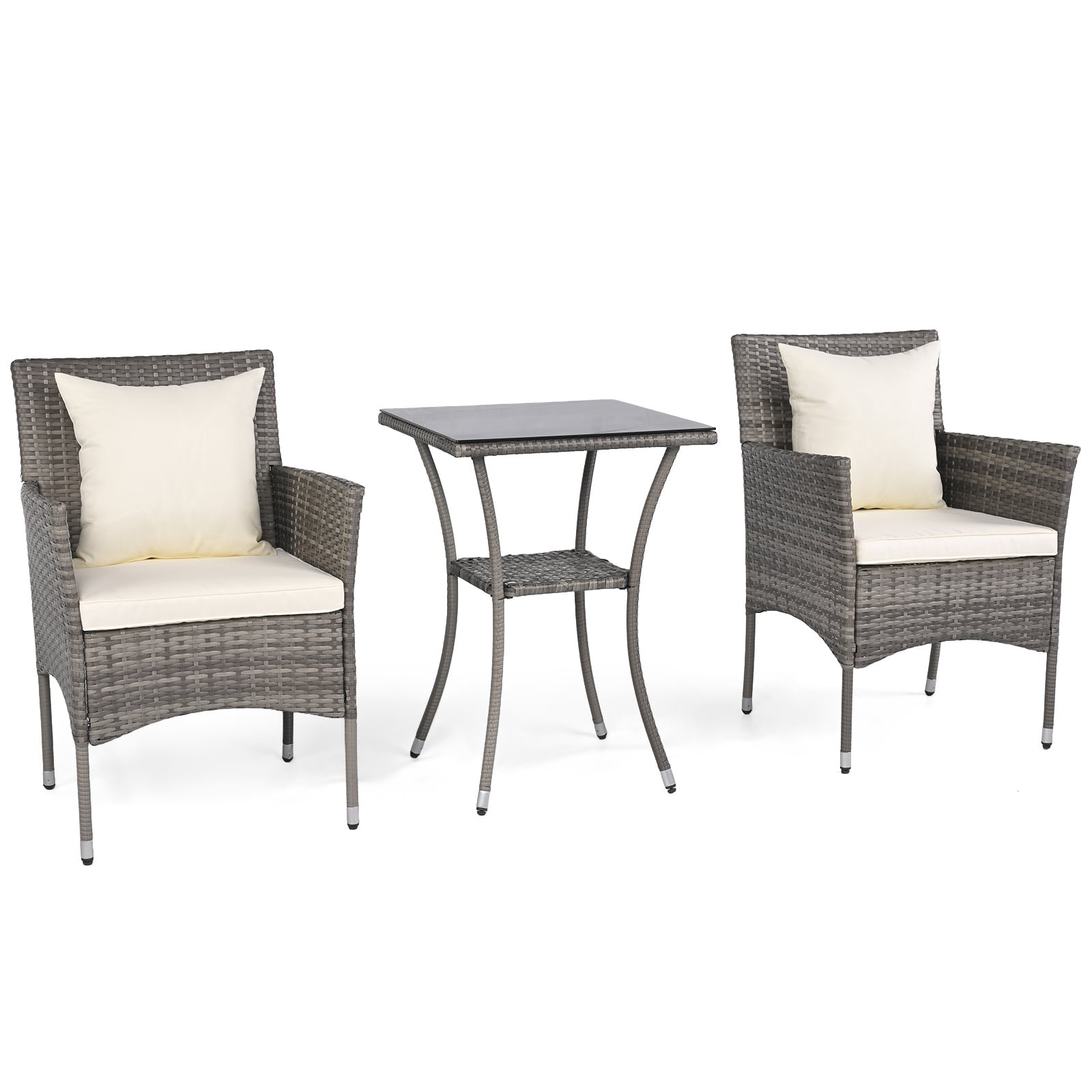 3 dalių bistro baldų komplektas: 2 ratano kėdės ir stalas su grūdinto stiklo paviršiumi (Smėlio)