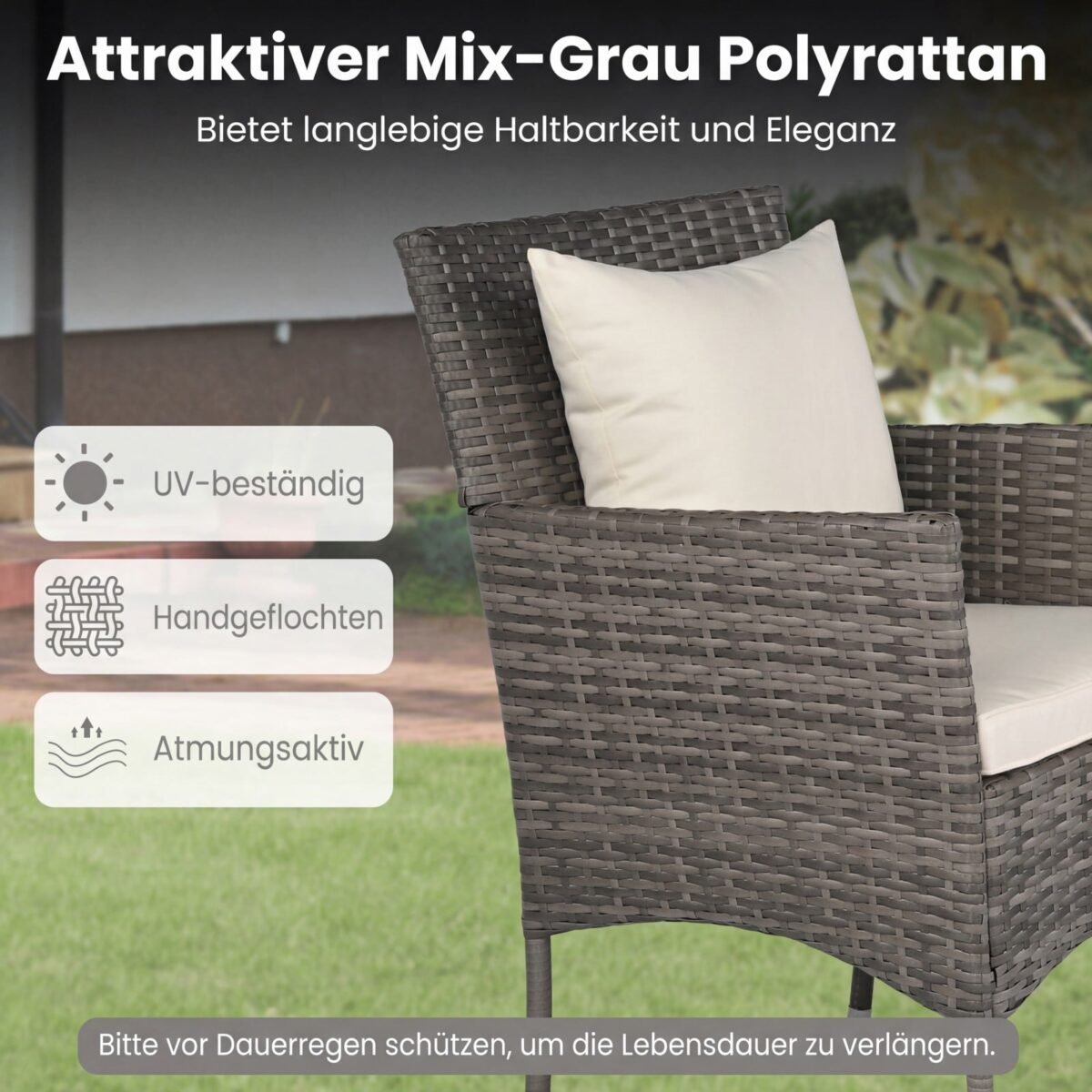 3 dalių bistro baldų komplektas: 2 ratano kėdės ir stalas su grūdinto stiklo paviršiumi (Smėlio)